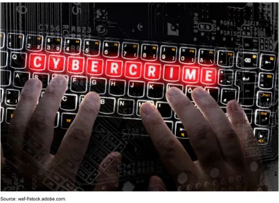 Illustration of a computer keyboard with the word "cybercrime" highlighted in red on the keys.