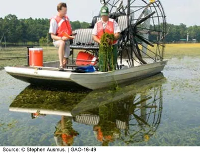 U.S. Army Corps of Engineers staffers monitoring Hydrilla in a Fan Boat