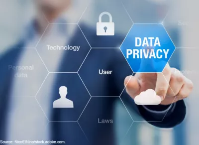 Image of a person tapping on a superimposed graphic button that says "Data Privacy"