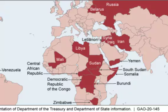 Map showing Country-Based and Country-Related U.S. Sanctions Programs as of July 2019