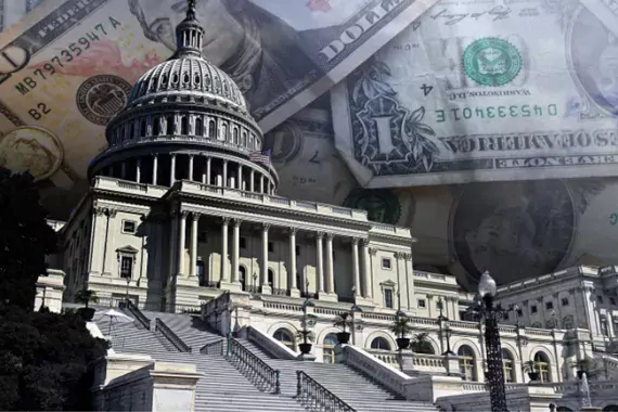 Illustration showing Congress in the foreground and money in the background where clouds should be.