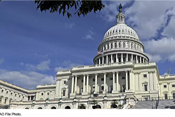 Photo of the U.S. Capitol building. Shows the steps leading up to the building and the large white dome.