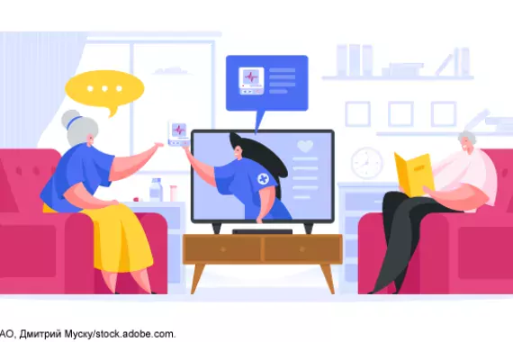 Cartoon illustration of two elderly people sitting near a TV and there's an advertisement on about a medical device product.