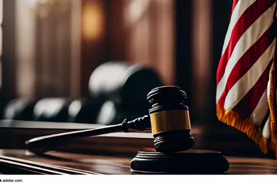 Photo showing a court room with a close up of the judge's gavel and a U.S. flag in background.