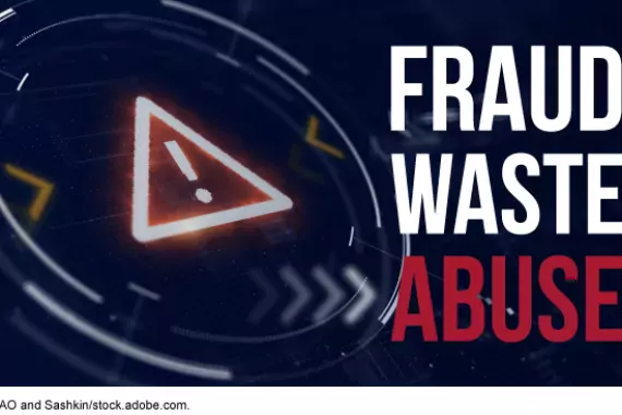 a red exclamation mark in a triangle next to the words "Fraud Waste + Abuse"