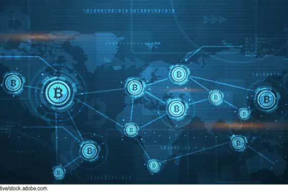 Illustration showing a global map. Different cryptocurrency logos connected by lines superimposed over the map.