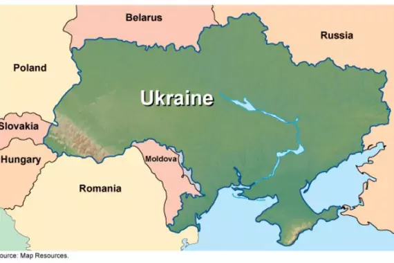 Map showing Ukraine and surrounding countries (Russia to the east; Belarus to the north; Poland, Slovakia, Hungary to the west; Romania and Moldova to the south).