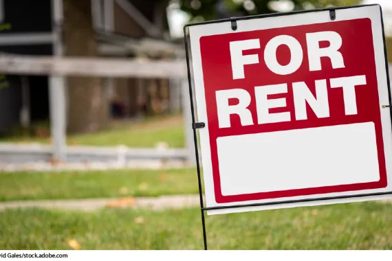 Stock image showing a "For Rent" sign in a lawn.