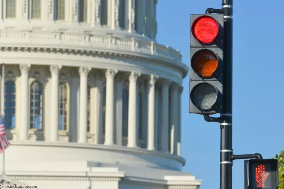 Photo showing the Capitol dome in the background and a stop light in the foreground.