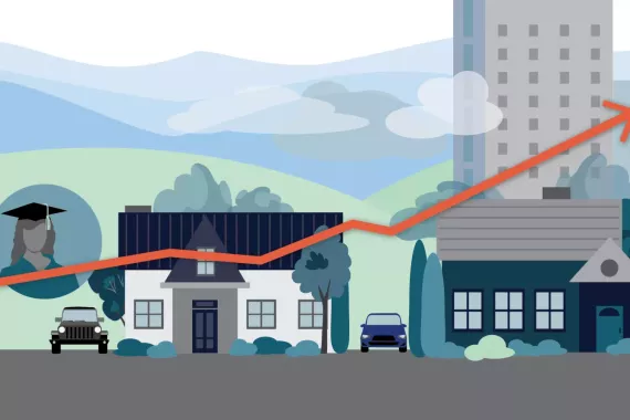Illustration showing icons for graduation, homeownership and a line graph shooting up indicating growing costs.