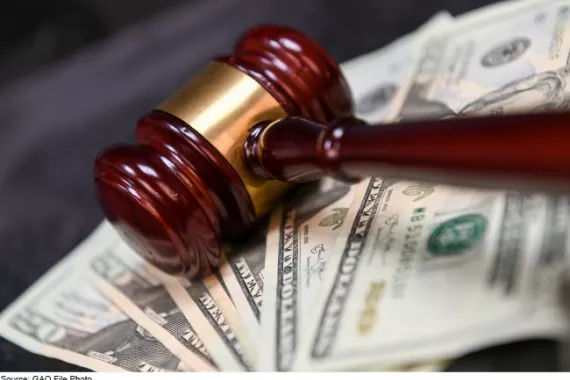 A courtroom gavel placed on several twenty-dollar bills.