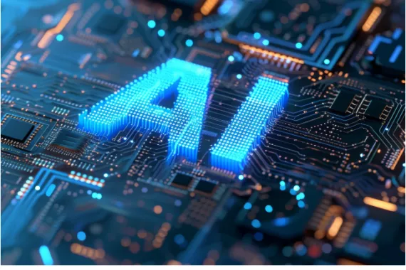 The letters A I sitting on top of a zoomed in microchip with lots of metallic colors and many intricate pathways.