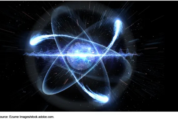 A glowing atom in space.