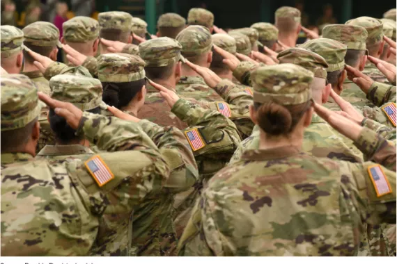 Several American soldiers giving the salute in formation. 