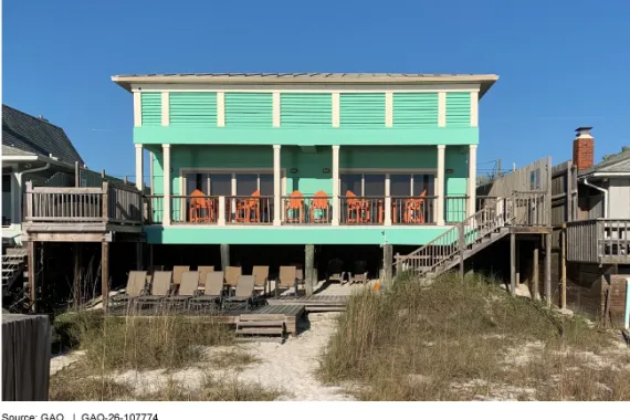 A green beach house elevated on stilts to mitigate flood damage. 