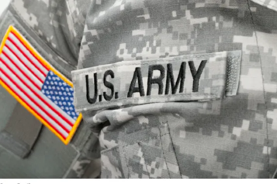 Close up of the words 'U.S. Army' on Army fatigues. 