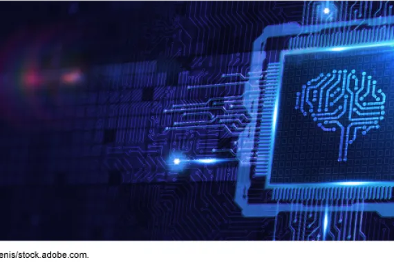 Glowing computer chip in a circuit with brain icon.