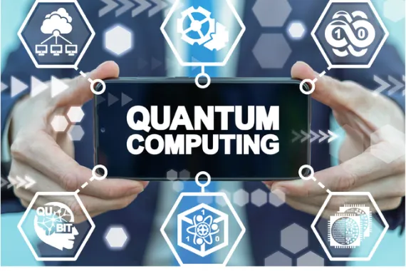 A person holding a small electronic device with the words 'Quantum computing' on it with several computer icons overlayed on the image.