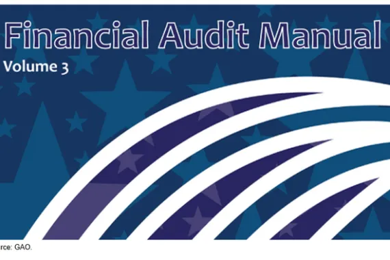 Financial Audit Manual: Volume 3 logo with curved purple and white stripes and faint blue stars.