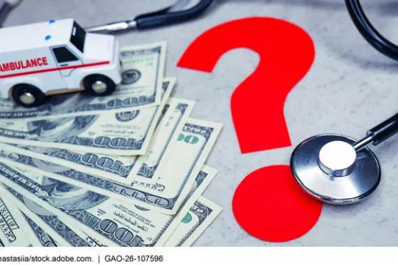 Ambulance, stethoscope, and bold red question mark overlaid on cash.