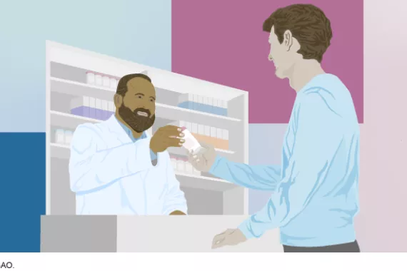 Illustration of a pharmacist handing medication to a person