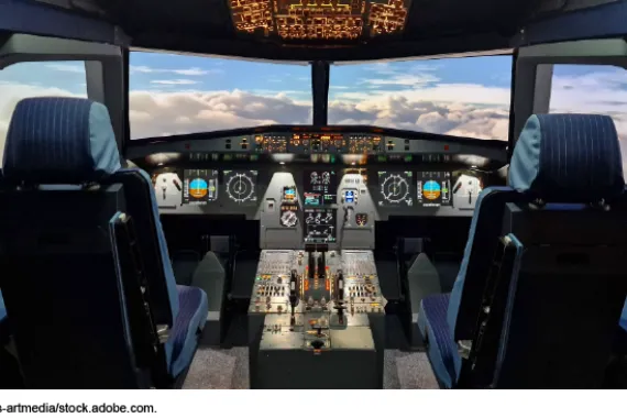 Inside of the cockpit of a flight hydraulic simulator.