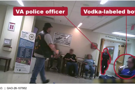An undercover GAO investigator appearing to drink alcohol in a waiting room with several people at a VA medical facility