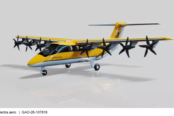 A small yellow and white electric airplane, with multiple propellers, on a gray background.