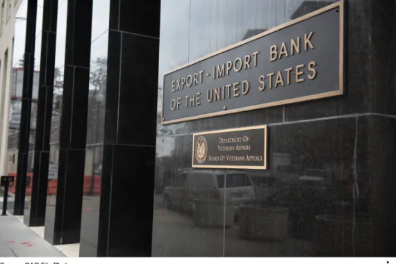 Export-Import Bank building, which has a shiny dark stone facade