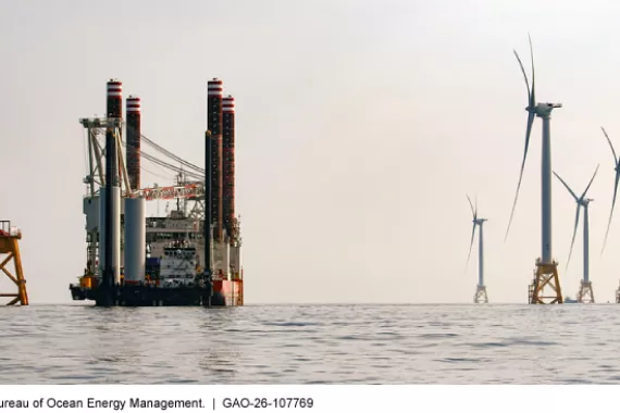 An installation vessel installing turbines in the water at a U.S. offshore wind project.