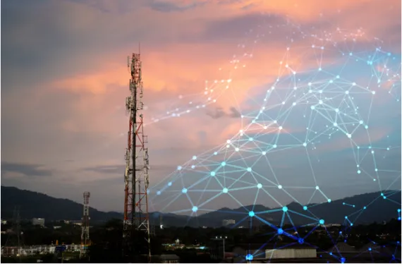 Photo of a communications tower with an illustration of interconnected nodes overlaid on the surrounding area