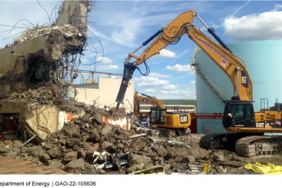 Cranes and construction equipment demolishing a building 