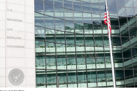 The U.S. Securities and Exchange Commission building facade with the U.S. flag atop a flagpole in the foreground.