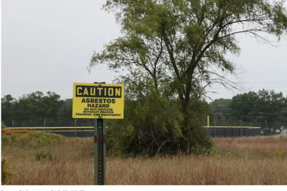 Yellow sign that says Caution, Asbestos Hazard on a grassy field. 