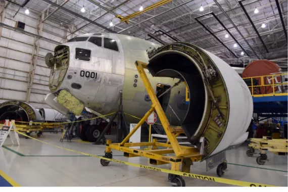 A C-17 aircraft undergoing maintenance at an Air Force depot. 
