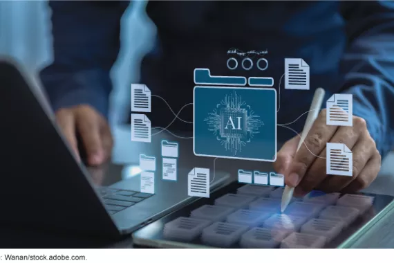 A computer with document icons indicating the use of AI floating above the keyboard and on a tablet.