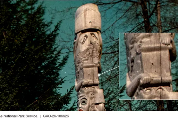 A tall pole-like structure with intricate cultural carvings in a forest. The pole shows a closeup of a figure holding a scroll.