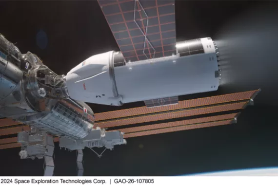 A photorealistic picture of large equipment docked to the International Space Station, on the black background of space