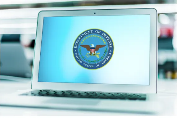 A computer screen with the Department of Defense logo.