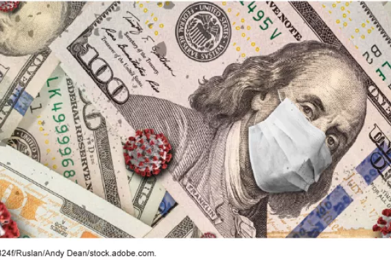 U.S. 100-dollar bills scattered around with COVID germ clusters layered over them. 