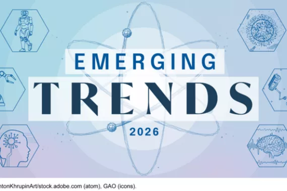 The words emerging trends 2026 are capitalized, along with six icons, 1. a robot walking, 2. a robot arm with hand attachment, 3. a person with a device in their brain, 4. a brain, 5. a device grabbing onto a satellite, and 6. the earth covered with satellites