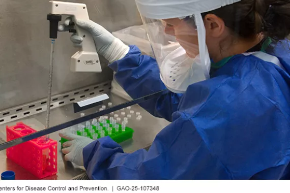 Photo of a lab worker in personal protective equipment (mask, hairnet, gloves, safety glasses, lab coat) using a large pipette to put something in a petri dish.