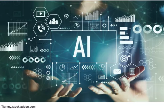 A person with their hands facing up, with several icons and infographic elements floating over the hands with the letters A and I in the middle of the image inside an outlined box. 