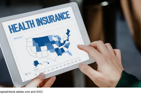 Map of the United States on a tablet, with some states colored in various shades of blue. It says HEALTH INSURANCE above the map.