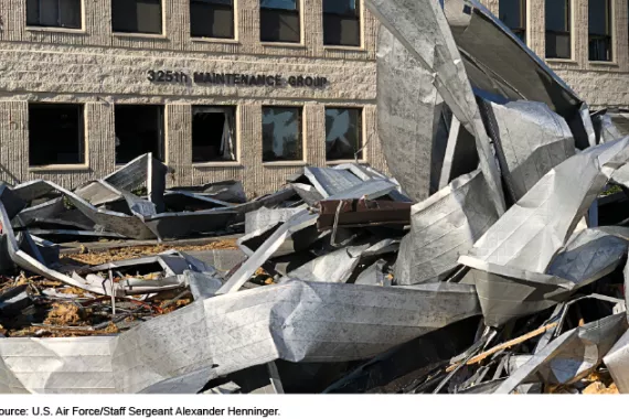 Piles of rubble and twisted metal sit in front of a building with broken windows. A sign on the building says 325th Maintenance Group.