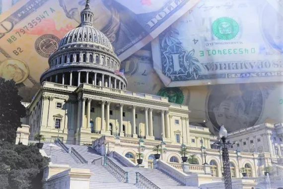 The Capitol building with American currency in the background.