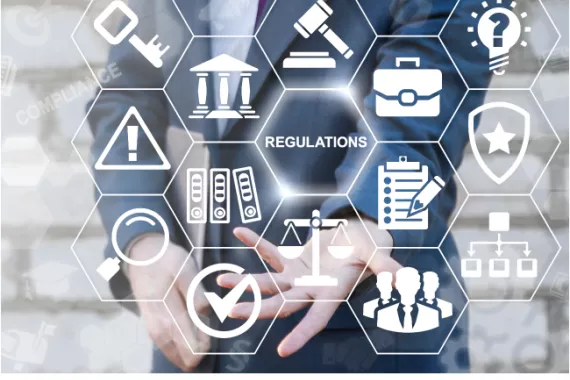 A photo of a person in a business suit in the background, with icons of various regulations illustrated in the foreground. 