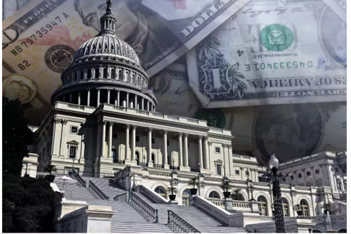 Illustration of Capitol building with dollar bills floating in background.