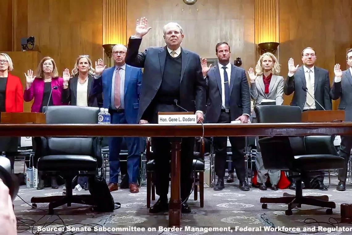 Photo of Comptroller General and Head of GAO Gene L Dodaro being sworn in before his last congressional testimony in December 2025.