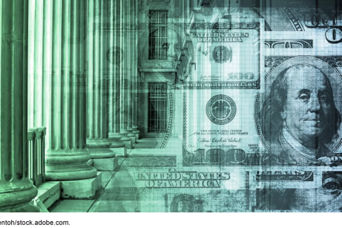 Illustration showing the U.S. $100 bill, congressional-looking columns blended over each other in green and black.